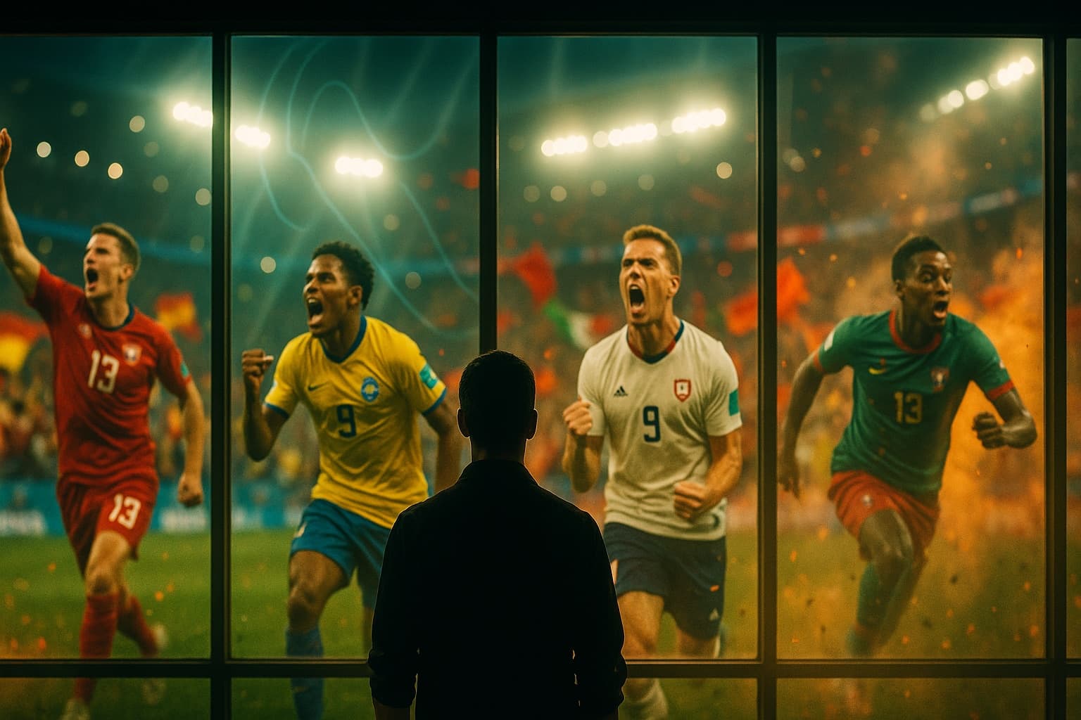 A person seen from behind, looking through a grand window of glowing panels, each showing a different football match