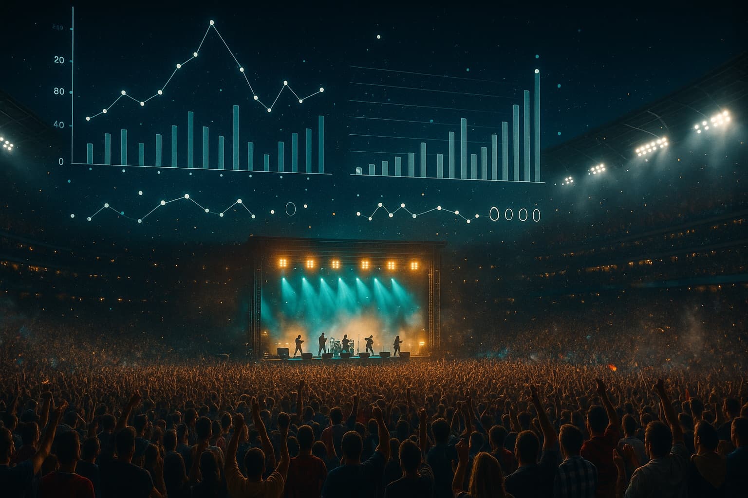 A concert arena at night with giant translucent charts and streaming numbers floating above the stage
