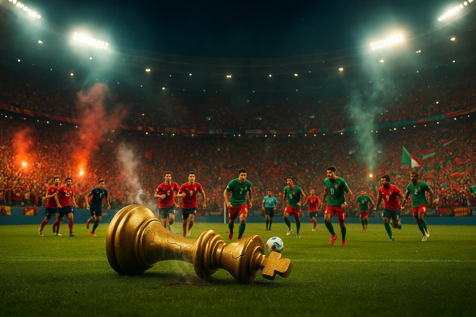 A toppled golden chess king lying on a floodlit pitch between two rival crowds