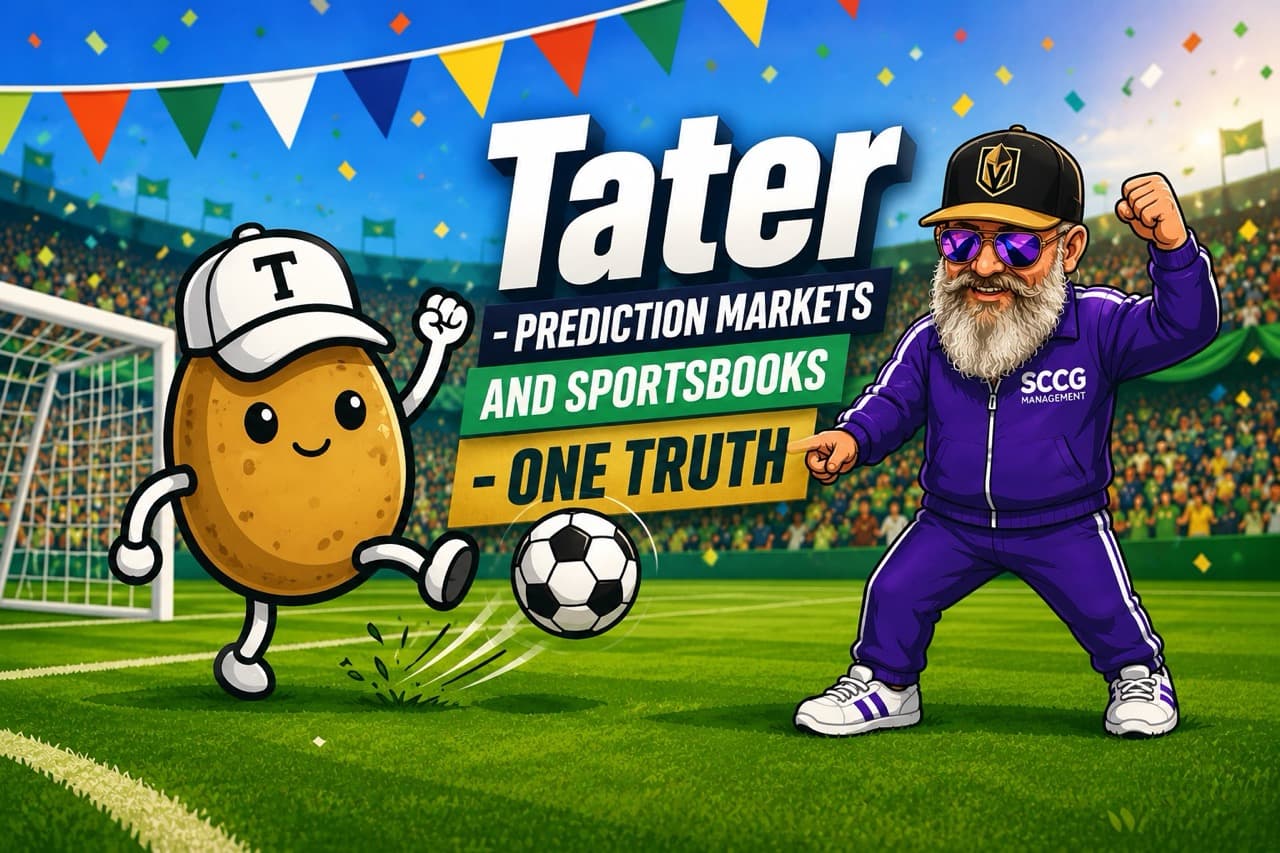 Tater, the potato mascot, on a floodlit World Cup pitch under the Tater banner, Prediction Markets and Sportsbooks, One Truth