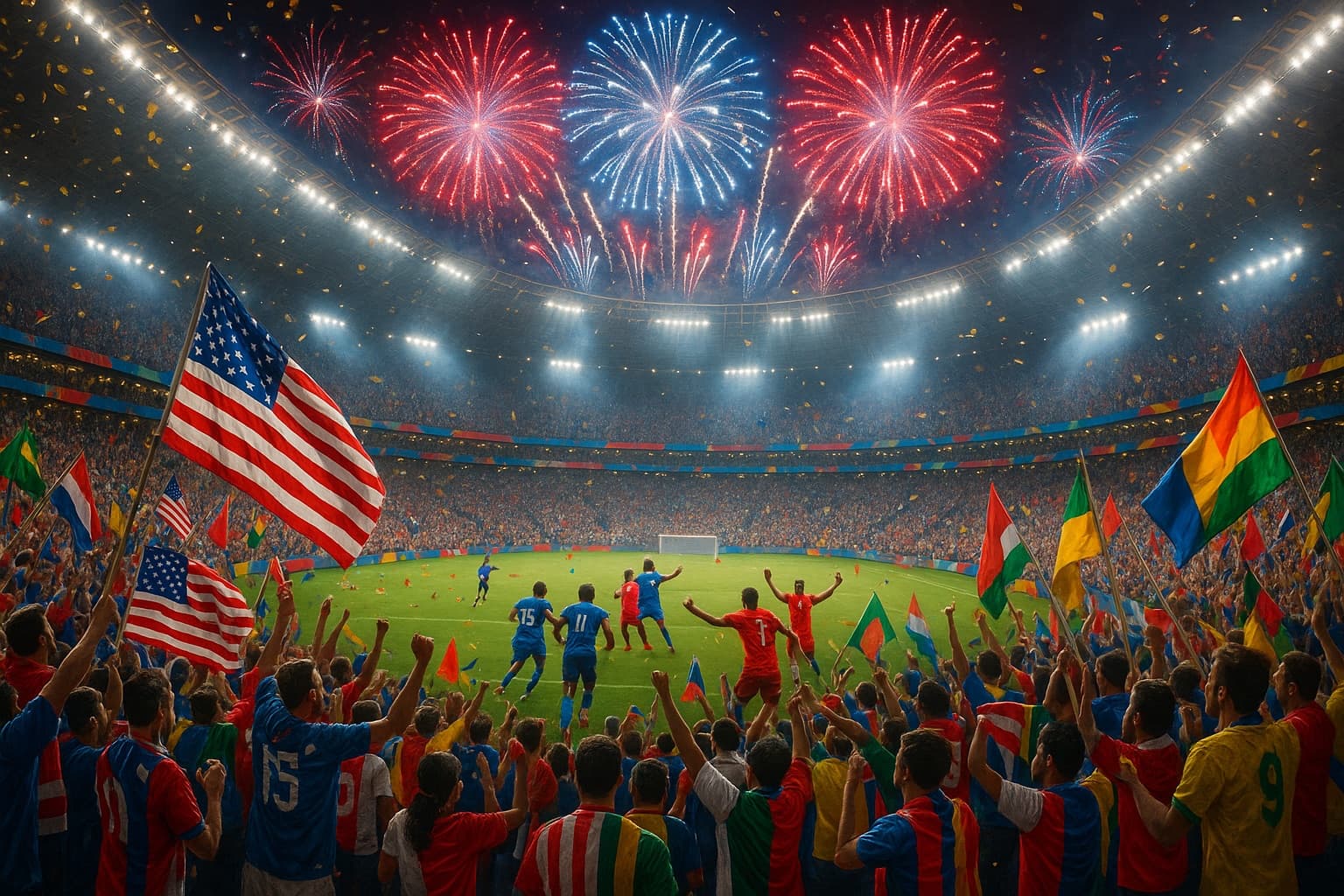 Red, white and blue fireworks bursting over a packed World Cup stadium
